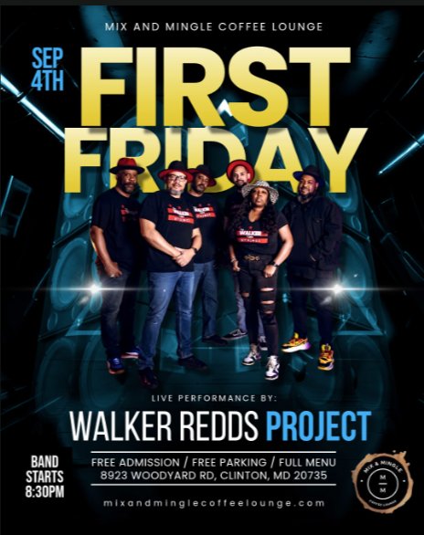 First Friday event flyer featuring Walker Redds Project